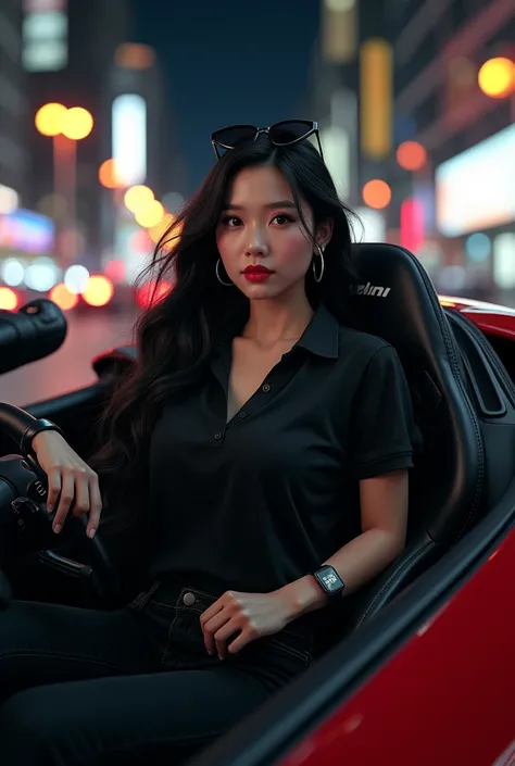 (photorealism:1.2), beautiful japaneese woman(curvy body), (a pose) driving a lamborgini supercars, long black hair with sunglasses in her head, perfect makeup red lips, iwatch, earphones, wearing black tight polo t-shirts and black jeans, nike sports slin...