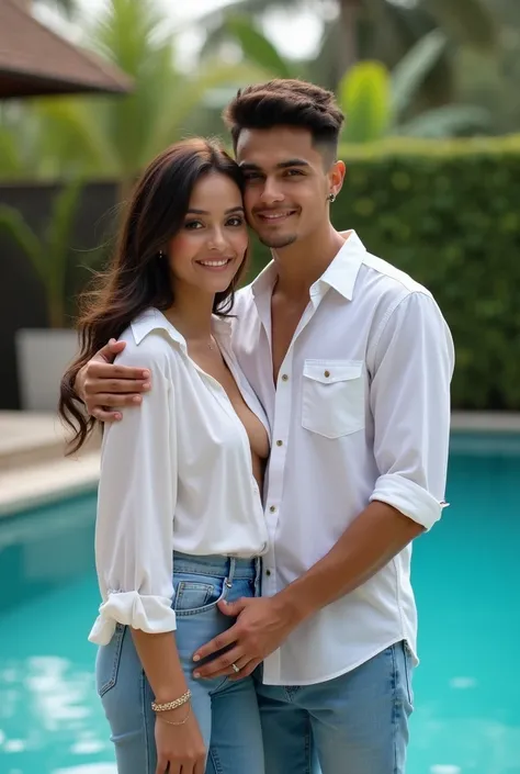  A beautiful Indonesian little chubby Gemoy wears buttoned shirt.her chest buttons open showing her great cleavage ..Wearing jeans is standing by the pool of her luxurious home.and a handsome looking young man hugging His