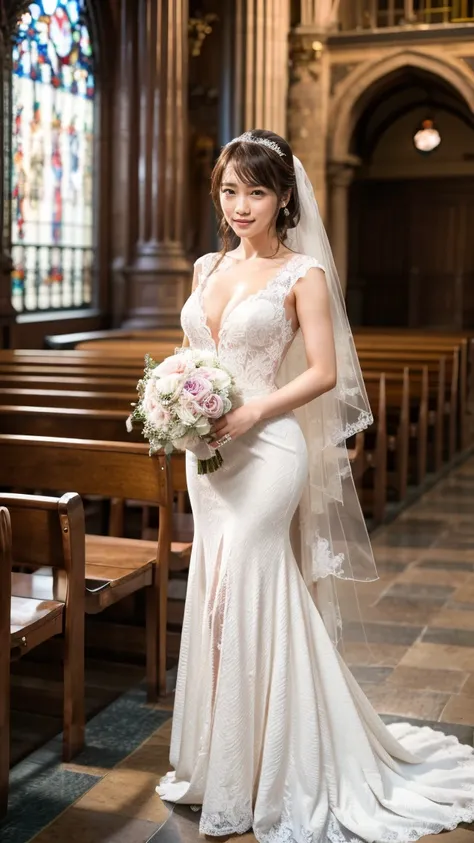 A beautiful young Japanese woman, 26 years old, with healthy thighs, beautiful legs, flawless skin, random hair color and style, large breasts, wearing a (wedding dress:1.3), (she is standing:1.2), full body shot, high heels, holding a bouquet in her hands...