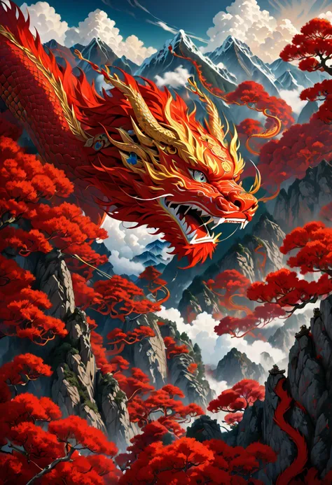 (The main subject: wide wide shot), The flame  red, [Multicolored,(Chinese dragon anthropomorphism)], safe,dramatic clouds,(Go deep into the mountains), Rich details​, (Wide sky), (sense of vastness),Energy and vitality, Complicated details.(Best quality, ...