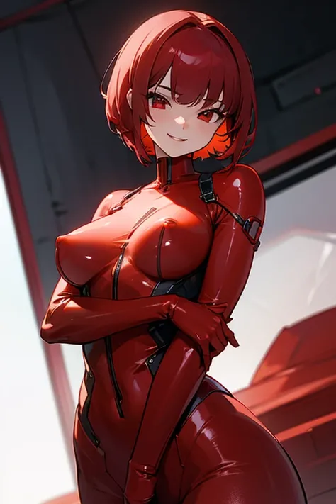 girl、Red Hair、Short Haircut、Red eyes、Bodysuits、See-through、nsfw,seductive smile,