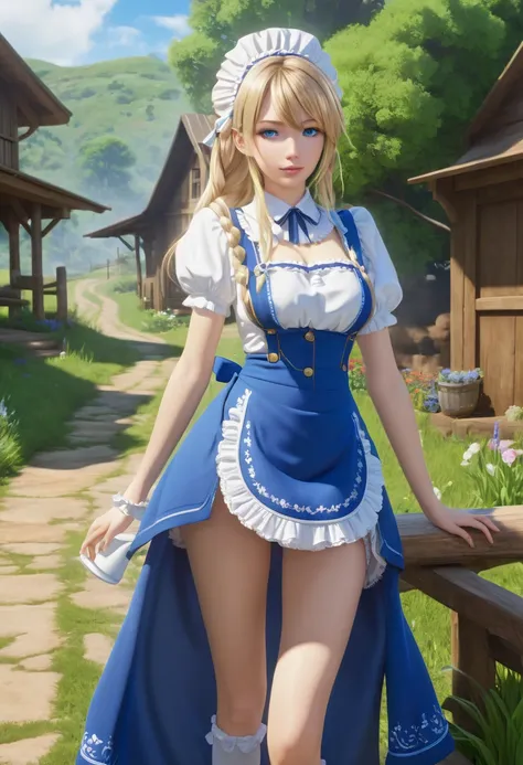 ((masterpiece)), ((best quality)), ((highres)), ((detailed background)), ((extremely detailed CG unity 8k wallpaper)), solo, shiona, blonde hair, long hair, blue eyes, hair tuft, cowboy shot, outdoors, ((maid outfit))