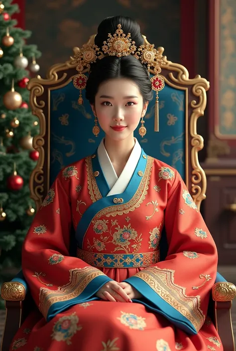 A hyperrealistic portrait of a regal Korean woman in traditional Hanbok attire.  The woman is seated on a richly decorated, ornate throne-like chair, with a backdrop hinting at a palace setting.  The Hanbok is elaborate, featuring a vibrant red, gold, and ...