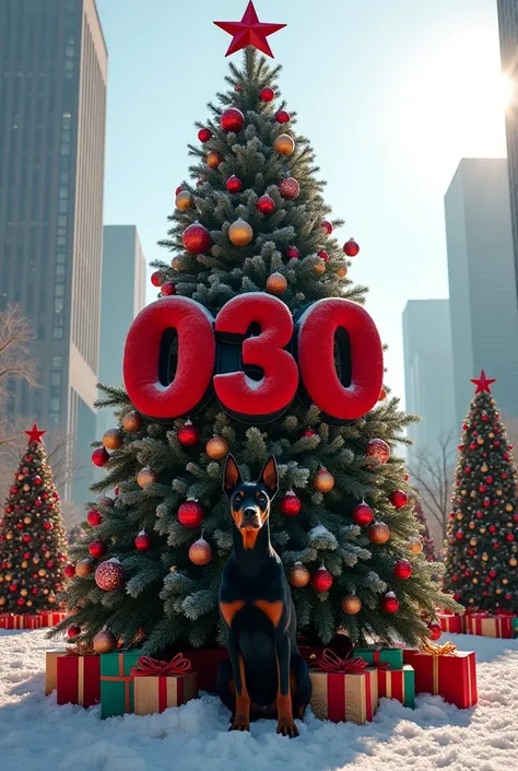 A huge Christmas tree with a large font of 030 is covered with soft plush material. A handsome black Doberman dog sits under the Christmas tree. The large font of 030 is written under the Christmas tree, exuding warmth and peculiarity. atmosphere. There we...