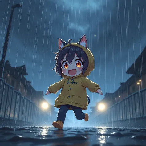 heavy storm,wind,(heavy rain:1.5), (big raindrops:1.5), (rainy sky:1.5),(many rain ripples:1.3). 1girl/((catgirl:1.3),(furry:1.2),kemono,(chibi:1.2),cat ear,cat eye,cute, kawaii,hair floating, hair shining brightly, curly hair, short hair, messy hair, eye ...