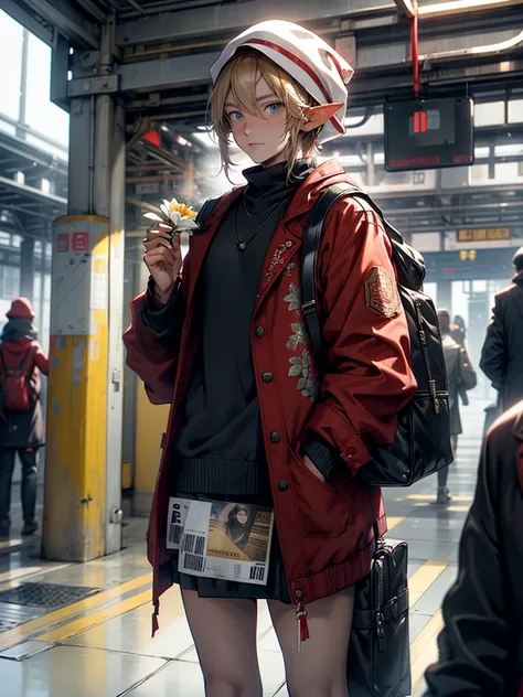 Station ticket gates、 An elf girl is hidden behind a pillar 、Russian hat、Red Jacket、Yellow floral skirt 、 Holding a Bouquet 。　 A young man with his bag on his shoulder came out of the ticket gate。