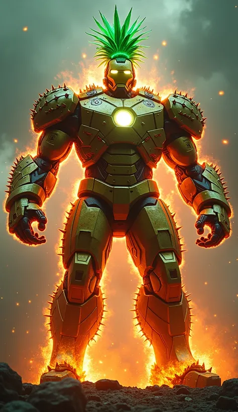 Create a massive, muscular hybrid fusion between a pineapple and Iron Man, originating from a dark fantasy, unnatural galaxy. This creature blends the sharp, spiky exterior of a pineapple with the futuristic, armored strength of Iron Man. Its body is cover...