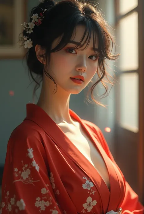 Japanese、 Mature beauty、Light red yukata 、Fleeting、bangs,  real shoulder hair, Curly Hair, 大きな胸, 