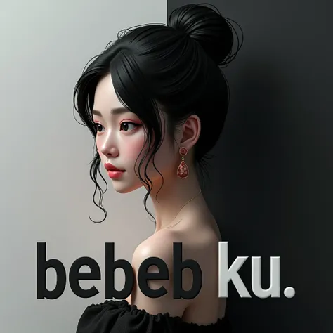 AI 3D text captioned names " Bebeb Ku " below ,  Cewek cantik theme black and white  background with Black hair tied 