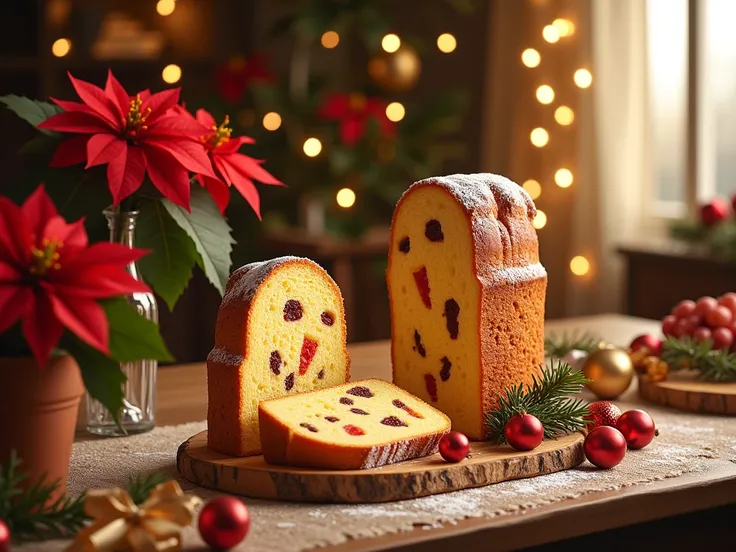 A beautifully detailed Italian panettone, the classic Christmas bread, showcased on a festive table. The panettone is tall and golden, with visible pieces of candied fruits and raisins embedded in the soft, fluffy interior. The crust is slightly browned an...