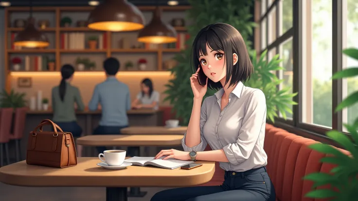 A cozy, upscale café with warm lighting, wooden tables, and greenery. An Nhien, a 35-year-old woman with black layered bob hair that falls neatly around her face, giving her a sophisticated look, light skin, and a slim, professional build, digital anime il...