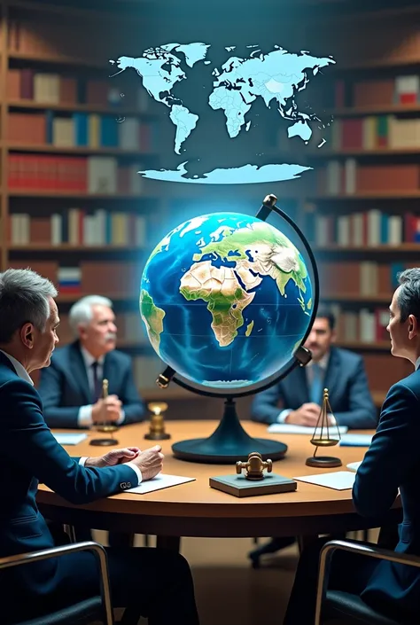 A globe surrounded by political symbols like a gavel, scales of justice, and a ballot box, set in a modern room with books and international flags. Diverse scholars discuss geopolitics with holographic maps floating in the air, symbolizing diplomacy and gl...