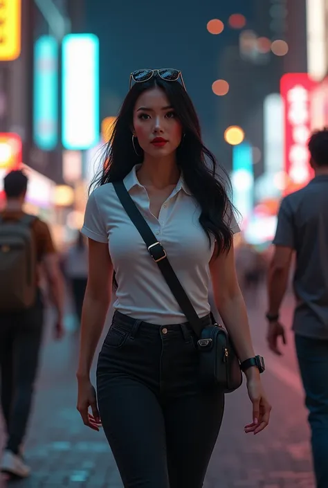 (photorealism:1.2), beautiful japaneese woman(curvy body), (a pose) leaving the man behind and keep walking, long black hair with sunglasses in her head, perfect makeup red lips, iwatch, earphones, wearing white tight polo t-shirts and black jeans, nike sp...