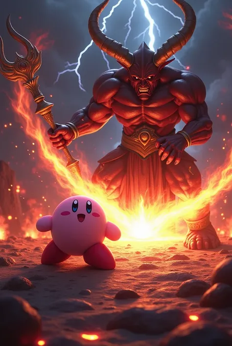 An epic showdown between Kirby and a menacing devil-like figure unfolds in a dark, fiery battlefield. The devil wields an ornate, glowing staff, unleashing a blinding torrent of energy that streaks across the scene. Kirby, with unwavering determination, ev...