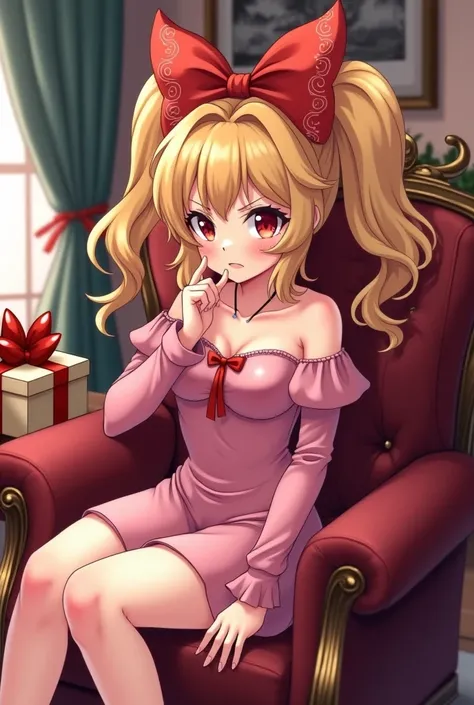 high details even on the smallest of things, anime style,Bowsette, sitting in the living room looking at you seductivly, bringing a finger to her lips, looking annoyed by all this, nintendo question block present box with bows,   warm christmas lighting, s...