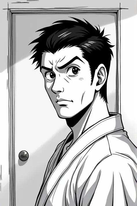  black and white anime illustration,  mature handsome man in his 30s , Kendo teacher ,  black hair , black eye,  puzzled expression in front of the bathroom door, Deep Eyes ,  high bridge, Manly, Muscular