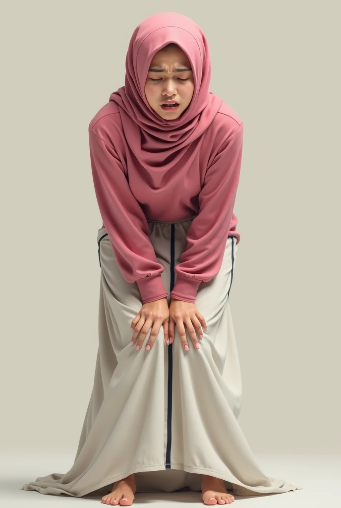  Picture of a Muslim woman in a pink hijab sweater or pink shirt and a long white skirt with a thin black accent underneath. Then the woman screams for holding back defecation 