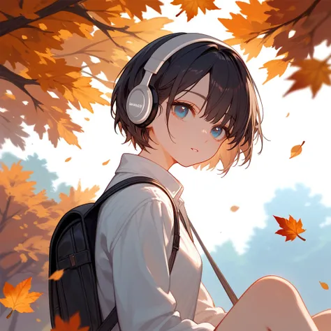 "A beautiful anime-style female character with long, Short hair in a bright yblack shade, soft and expressive blue eyes, and delicate facial features. She is wearing a white shirt and carrying a black backpack, with headphones resting around her neck. The ...