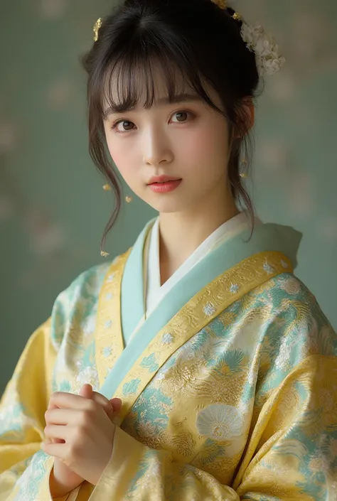 A highly artistic and ultra-realistic photo of an elegant East-Asian young woman dressed in a traditional Japanese kimono. Her hairstyle is a refined hime cut, with straight bangs framing her face and sidelocks that extend slightly below her jawline, creat...