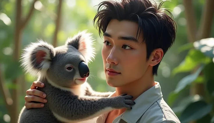  Japanese, 23-26, Handsome man,  fair skin, black eyes（thin eyes 1：3), (Super detailed, best quality, 4K, High resolution, masterpiece:1.3)  , Sydney, Sydney zoo, watching or hugging Koala， happy 