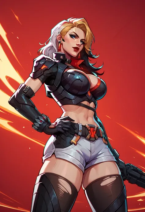 score_9, score_8_up, score_7_up, score_6_up, expressiveh, magik_rivals, 1girl, solo, cowboy shot, blonde hair, long hair, hair accessory, eyeliner, blue eyes, earrings, cropped bodysuit, black bodysuit, armor, belt, gloves, black gloves, black clothes, pau...