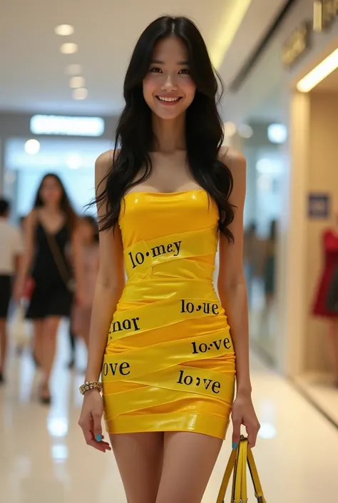 , a low-angle camera from the floor. Photographed a beautiful Thai woman, 18 years old, with good body, long black hair, beautiful legs, big boobs, smiling, one sexy model. She is wearing a short tight, tight dress, patterned like a wrap of fragile yellow ...