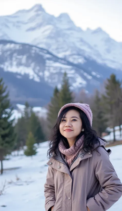 A woman dressed in a cozy winter coat stands amidst the breathtaking Himalayan backdrop, where snow-capped peaks tower under a crisp, icy sky. The air is frigid, her breath visible as she gazes at the serene, frosty landscape. The scene exudes tranquility ...