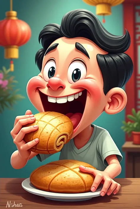 Cartoon painting of a man eating Vietnamese bread