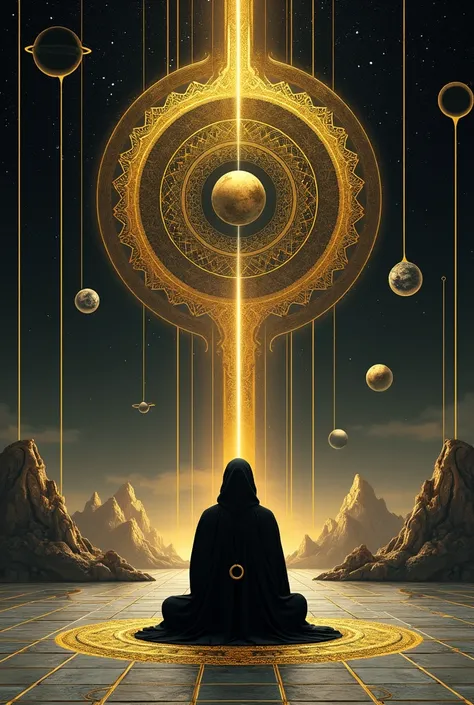 A surrealistic digital artwork depicting an otherworldly cosmic scene, featuring intricate golden patterns against a dark starry sky resembling outer space. The central focus is a silhouette-like figure draped in black robes, seated cross-legged on a patte...