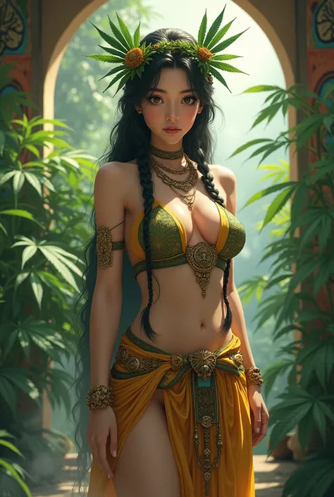 belle 1 fille, vêtements de déesse balinaise, exotiques,  , plan de corps entier, 2 tresses tressées, grosse poitrine, debout dans une salle de Bali avec des plants de marijuana, grand art multicolore, Culture Balinéenne, (yeux danime:1.1), (tons apaisants...