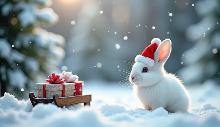 A snowy forest clearing featuring a fluffy white rabbit wearing a tiny Santa hat. The rabbit sits near a small wooden sled filled with miniature wrapped gifts. Snow-covered pine trees and softly falling snowflakes complete the enchanting and whimsical Chri...