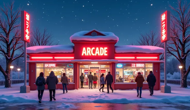 3D rendering style. the camera focus in entrance of an arcades game center in the evening on Christmas holliday. Neon signs. snowy clear sky. 