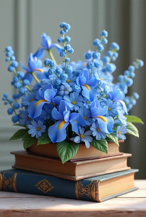 Create an animated image of a bouquet of blue flowers with books 