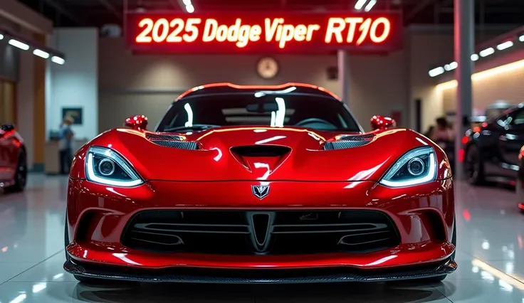  A high-performance 2025 Dodge Viper RT/10 with a muscular and aggressive design, featuring a bold grille, striking LED headlights, and a sleek aerodynamic hood with signature Viper curves. The car has a fiery red metallic finish with glossy black accents,...