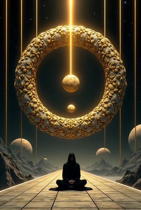 A surrealistic digital artwork depicting an otherworldly cosmic scene, featuring intricate golden patterns against a dark starry sky resembling outer space. The central focus is a silhouette-like figure draped in black robes, seated cross-legged on a patte...