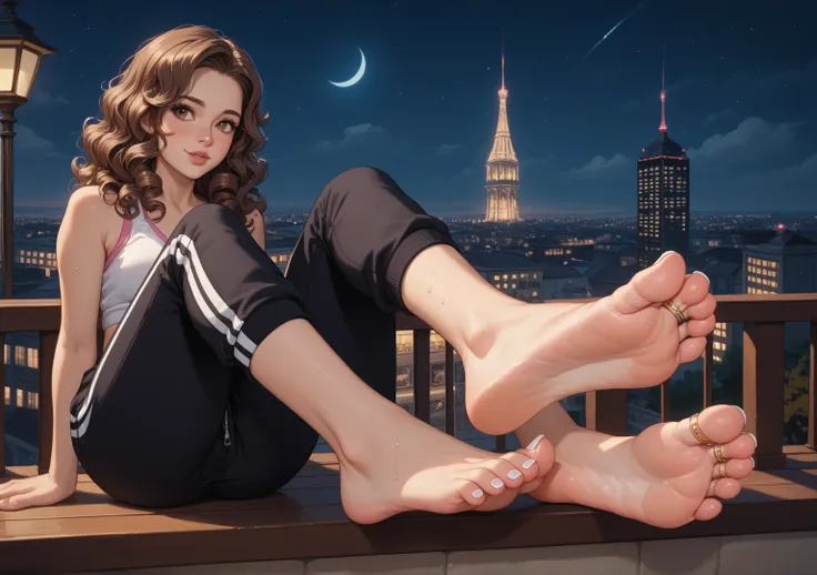 Long curly brown hair, thin arc eyebrowed, brown eyed, small nosed, full lipped, shaped faced, grinning lady wears pink sweat top, black trackpants, she is sitting in a balcony with view skyscrapers at night, dark sky view, body view she is looking to fron...