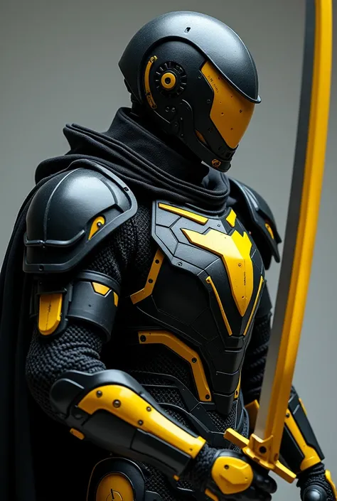 Close up photography of One male detail black knight suit,mechanized future detail knight, cybernetics swordsman, pure black matte and yellow color scheme, super wide big sacred xabre blade, mech headgear. 