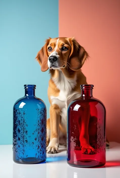 Blue and red botle with dog
