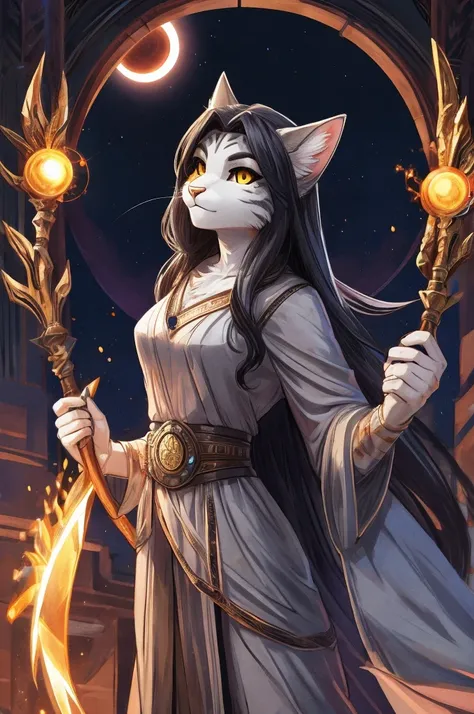 Anthro feline female cat, white fur, black long hair, yellow eyes, tabby black and white stripes, grey wizard robe, holding a staff with a glow in it, solar eclipse power