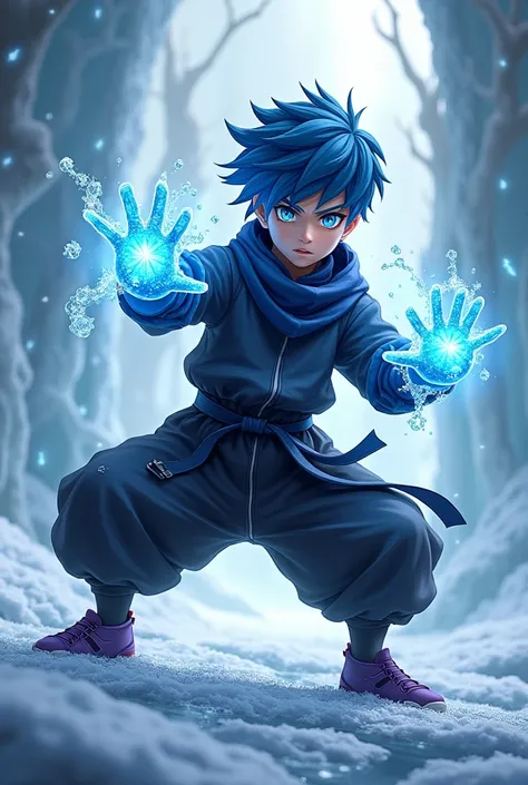 A boy character with blue hair white eyes black ninja combat with ice in hand,and freezed water at the back ground he must be 19 year old  he must look a little bit real with purple shoes 