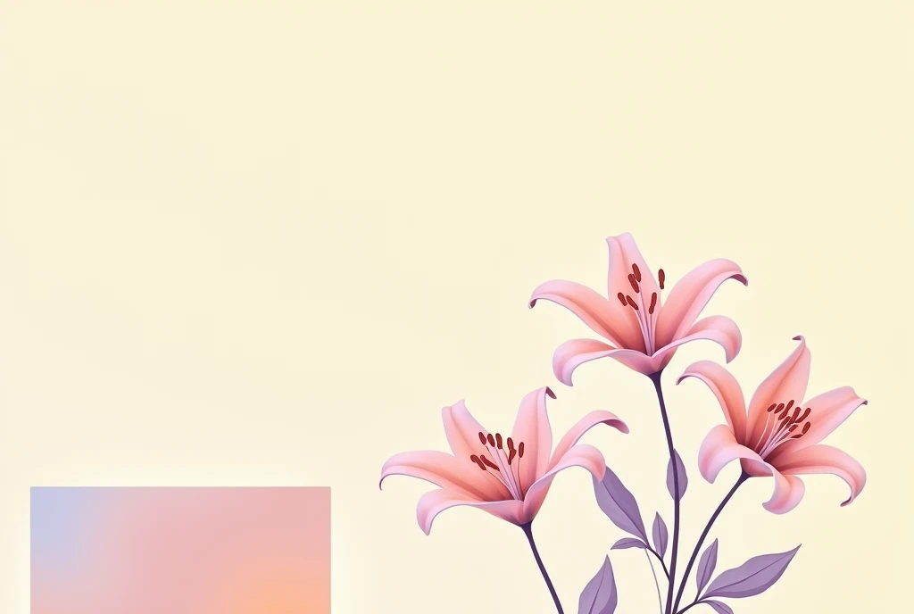 Generate an abstract artwork featuring lilies, focusing on elegant curves and soft pastels (at the bottom left corner) of card with blank space soft pastels light yellow background on the right