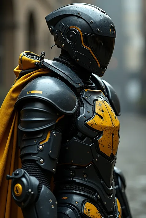 Close up photography of One male detail black knight suit,mechanized future detail knight, cybernetics swordsman, pure black matte and yellow color scheme, super wide big sacred cyber blade, mech headgear. 