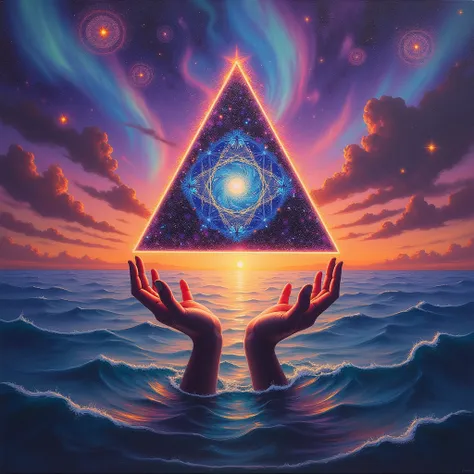 An intricate surreal painting of a glowing triangle floating above an ocean during a vibrant sunset. The triangle radiates cosmic energy with swirling galaxies, nebulae, and intricate geometric patterns inside. Two ethereal hands rise from the ocean, gentl...