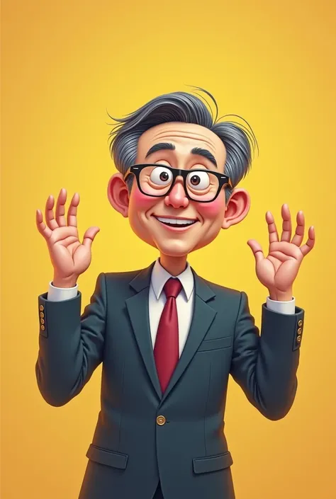 Wearing glasses, A 50 ~ Korean man in his 60s in a suit looking straight ahead
Its a caricature of them raising their hands and being happy; its a scene where Im happy because it came from a job I hated so much.