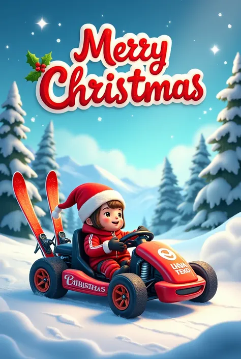 Create a Christmas picture with skis and a go-kart with Merry Christmas lettering above