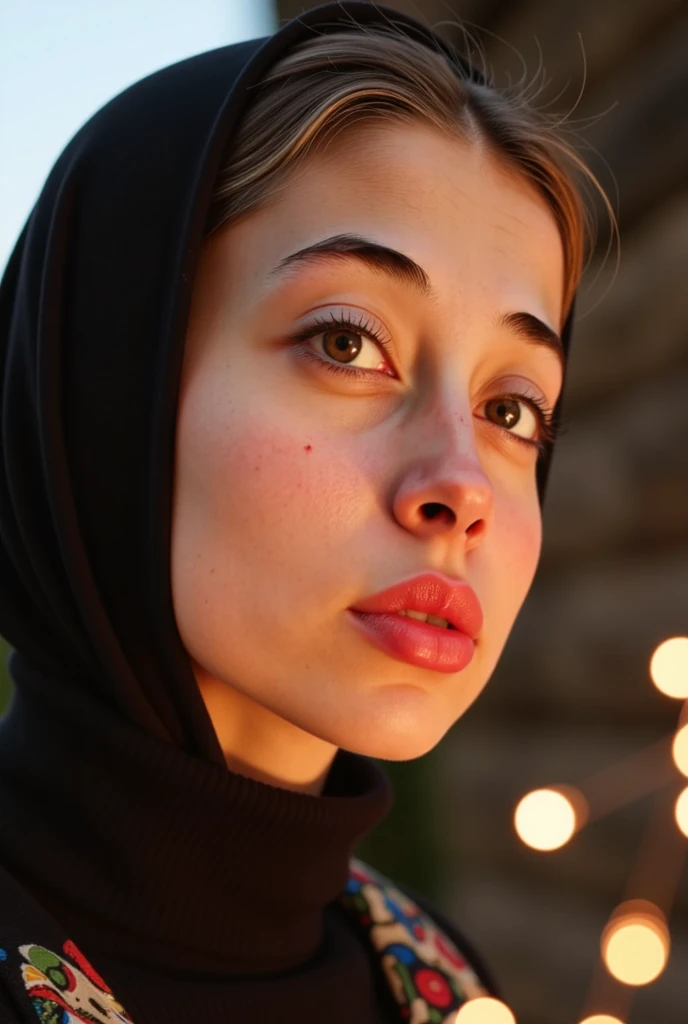 A movie film still of super very close-up portrait of a beautiful 18 year old woman with a mesmerizing and intense gaze, her face illuminated by warm, glowing light. She has glittering gold dust on her face, gold reflection in her eyes, and her lips are a ...