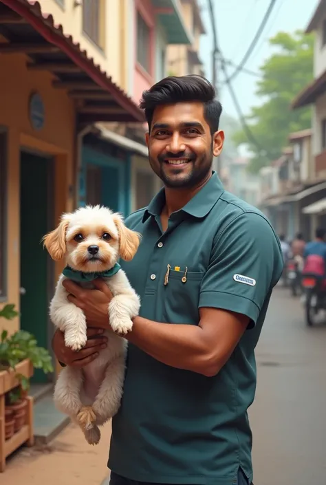 Create a very real image showing pet pick up and drop service available for a professional grooming center, by a male dog handler, real indian human in pet grooming scrubs image india kerala 