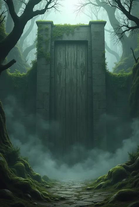 A dense misty forest ， In the middle of the forest stands a tall wall，The door is tightly closed ，.