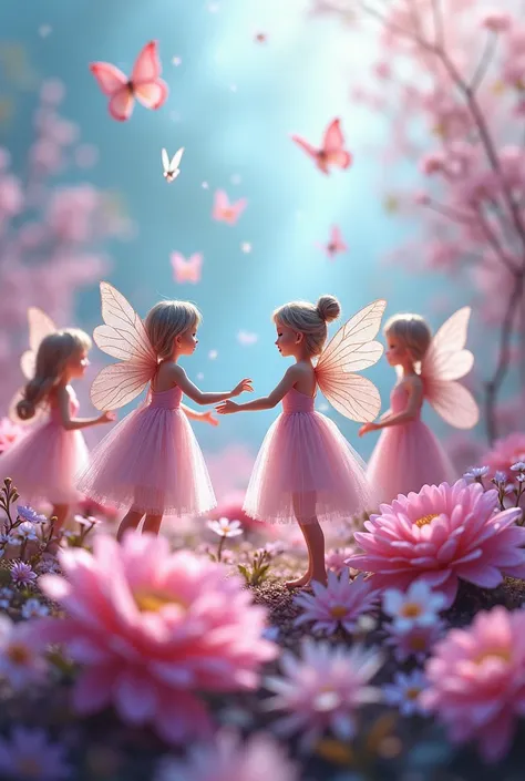 Mini fairies , pink flowers , lilac and baby blue  ,  butterflies and glitter 