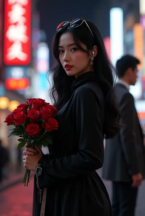 (photorealism:1.2), beautiful japaneese woman(curvy body), (a pose) leaving the man behind and holding on flowers,  long black hair in pasmina hijab, sunglasses in her head, perfect makeup red lips, iwatch, earphones, wearing polite long black dress, high ...